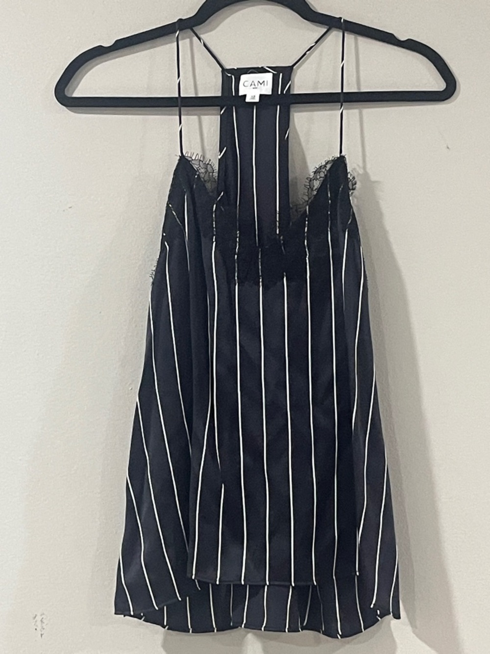 Cami NYC Black and White Striped Lace-Trim Silk Cami